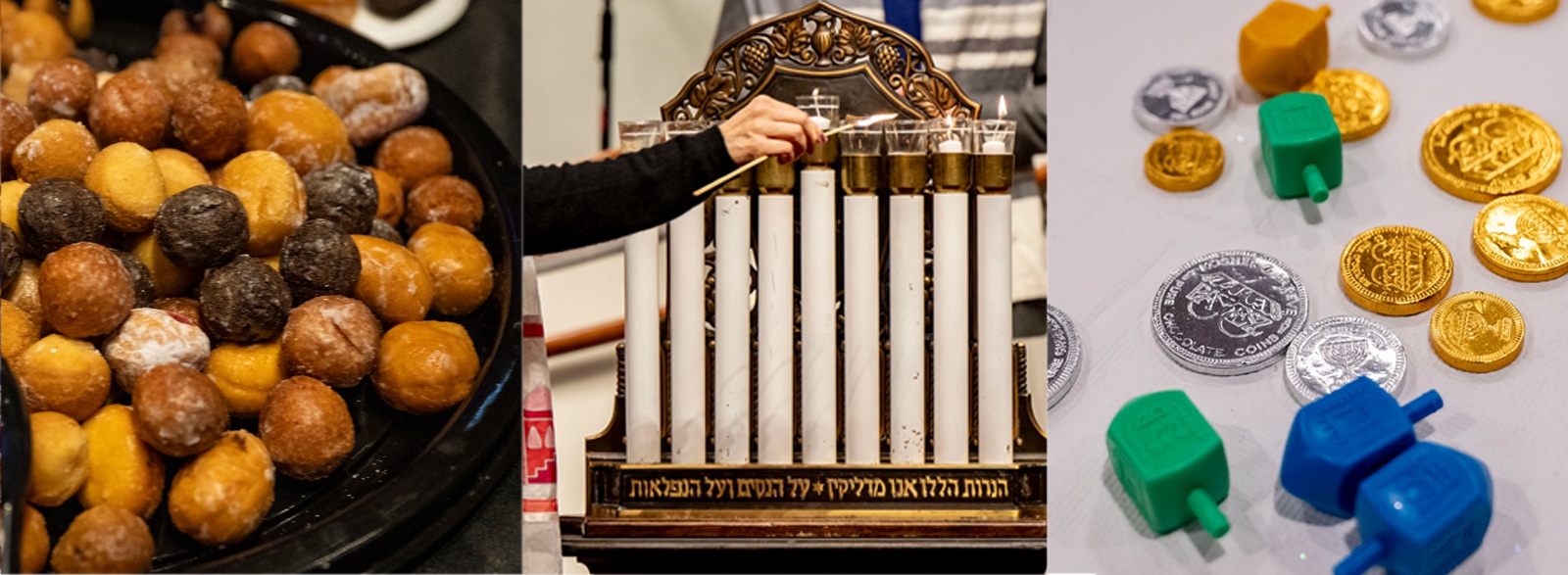Chanukah candles, gelt, dreidls, and donuts