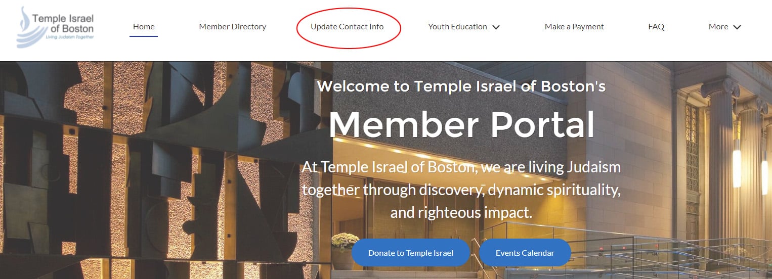 Screenshot of Member Portal with red circle around "Update Contact Info"