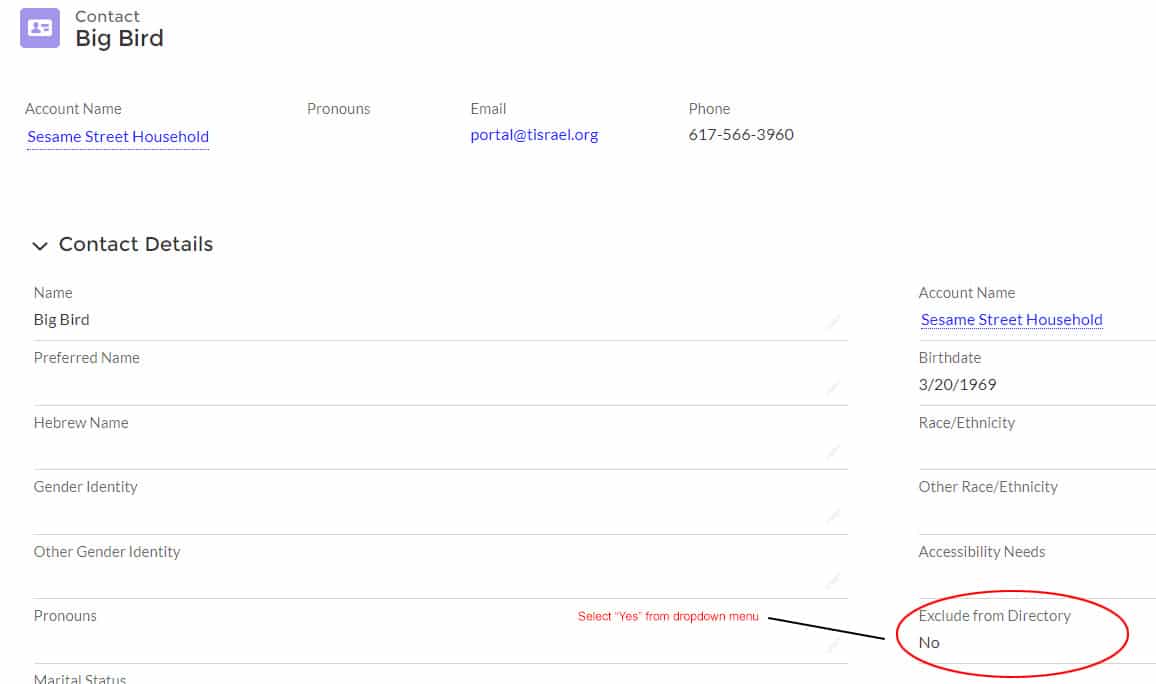 Screenshot of Contact Details with Exclude from Directory circled in red and instructions to Select Yes from the dropdown menu