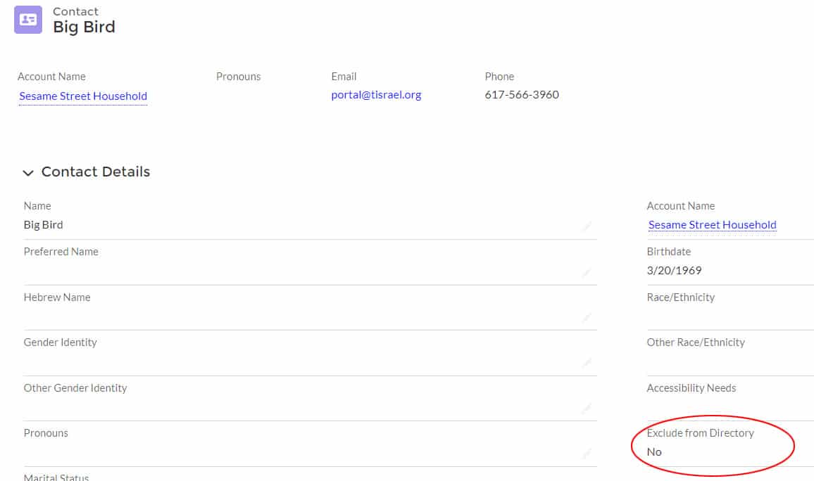 Screenshot of Contact Details with "Exclude from Directory" circled in red