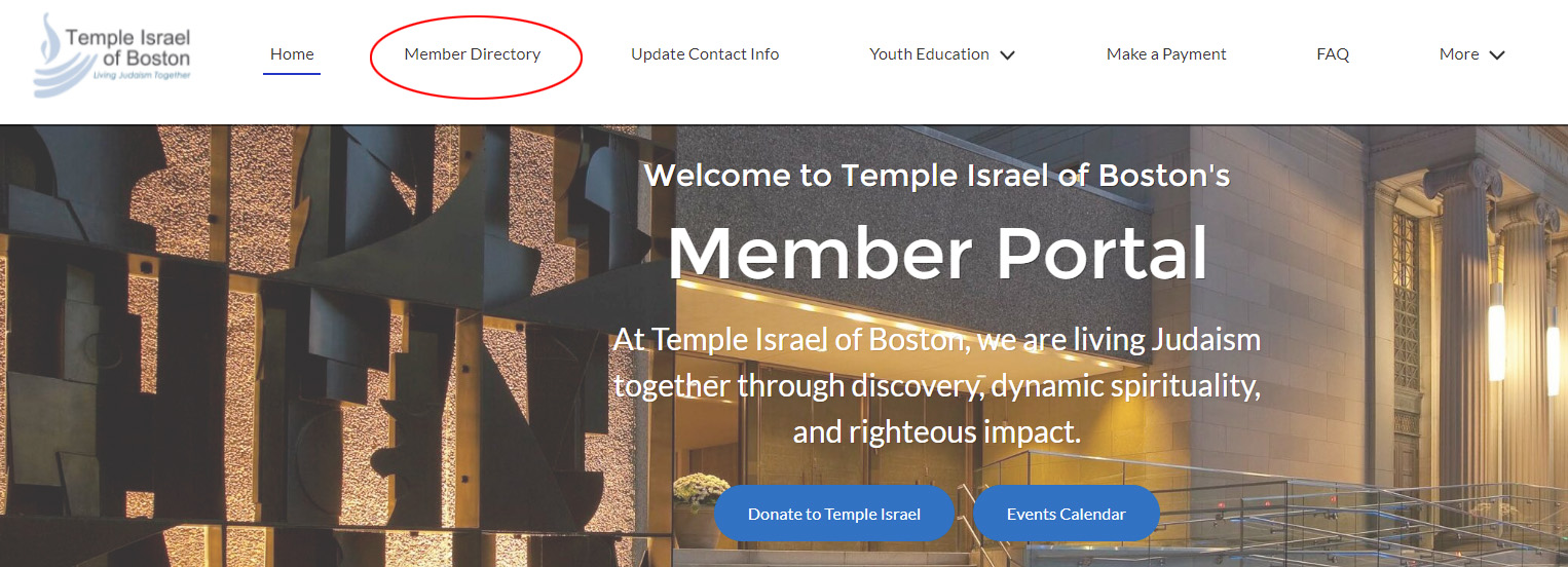 Screenshot of Member Portal with Member Directory menu item circled in red