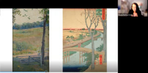 Screenshot of an online tour of the Columbia Museum of Art showing 2 paintings with a thumbnail of the museum tour guide in the upper right corner